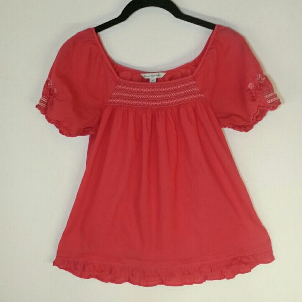 AEO Coral Pink Embroidered Peasant Style Top Size0